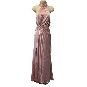 Ieena for Mac Duggal Pink Satin Halter Neck Twist Front Gown Size 8 NEW
